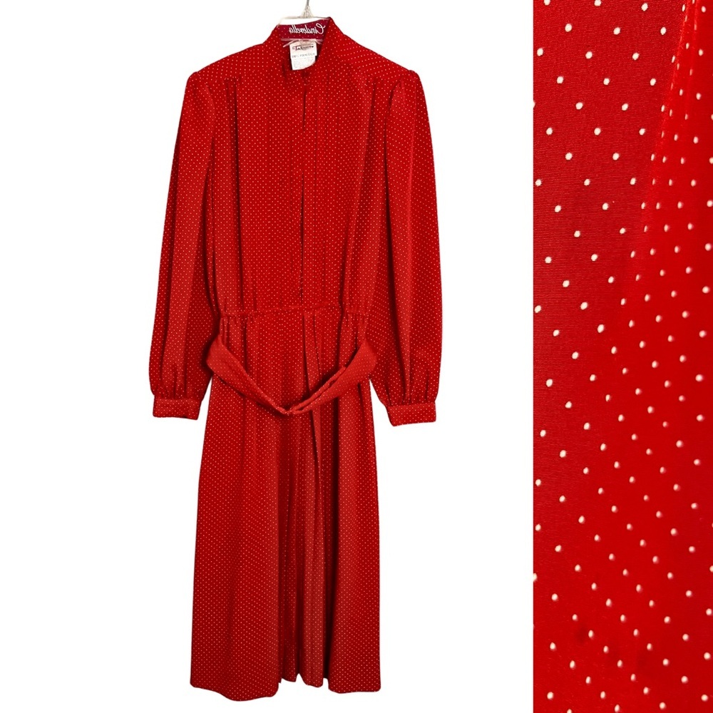 Vintage Talbots Red Dainty Polka Dot Pleated 80s Shirt Dress‎ Size 10 Dolette